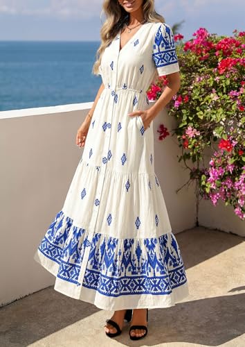 PRETTYGARDEN Womens Short Sleeve Boho Maxi Dress - color: Apricot Blue Flower, size: Medium