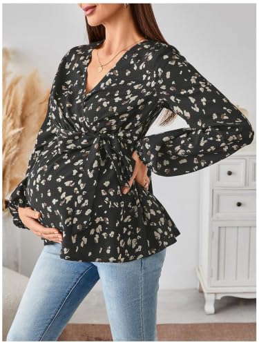 MakeMeChic Women's Maternity Blouse V Neck Long Sleeve Ruffle Peplum Top - color: Black Cheetah, size: X-Large