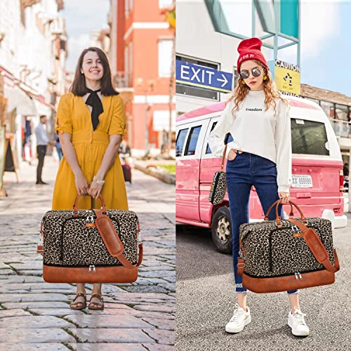 TIBES Travel Weekender Bag for Women, Overnight Bag with Shoe Compartment - color: E-Brown Leopard 3pcs