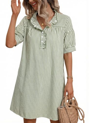 BLENCOT Summer Dresses for Women Puff Sleeve Striped Button Mini Dress - color: Green Stripe, size: X-Large