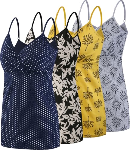 SUIEK 4 Pack Nursing Tank Tops Maternity Cami Cotton Breastfeeding Bralette - color: B-leaf+grey Print+yellow Print+navy Dot 4pack, size: X-Large