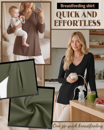 3 Pack Women's Nursing Breastfeeding Long Sleeve Shirts - color: Army Green, Light Brown, Black, size: Large
