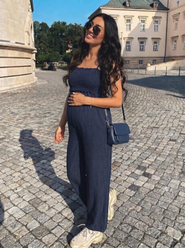 BLENCOT Women's Smocked Maternity Jumpsuit Loose Overalls - color: Dirty Blue, size: XX-Large