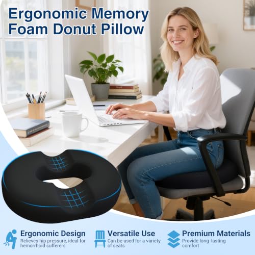 Donut Pillow Seat Cushion, Office Chair Cushion, Black, XX-Large - color: Black, size: XX-Large