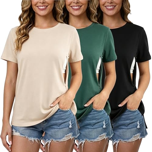 Liu & Qu 3 Pack Women's Breastfeeding Shirts Hidden Zipper Nursing Tops - color: Yellow+green+black, size: Small