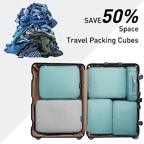 Bagail Ultralight Compression Cubes 7 Set - 3 Packing Cubes, 3 Organizers, and 1 Shoe Bag - color: The Dusty Blue, style: Cloth Pattern