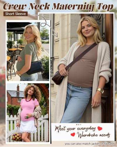 Huukeay 4 Pack Women's Short Sleeve Maternity Tops - color: Peach Pink, Light Coffee, Cream, Army Green, size: Small