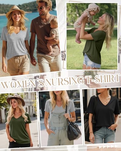 3 Pack Women's Nursing Tops Breastfeeding Shirts - color: Black, Light Heather Gray, Army Green, size: Large