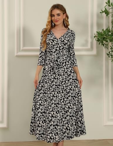Aphratti Womens 3/4 Sleeve V Neck Faux Wrap Maxi Dress Summer Casual Beach - color: Black/White Floral, size: XX-Large