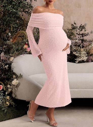 BLENCOT Womens Off Shoulder Flare Sleeve Split Bodycon Maternity Dress - color: Pink, size: Small