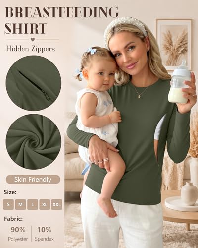 3 Pack Women Long Sleeve Maternity Nursing Tops - color: Army Green, Coffee, Black, size: Small
