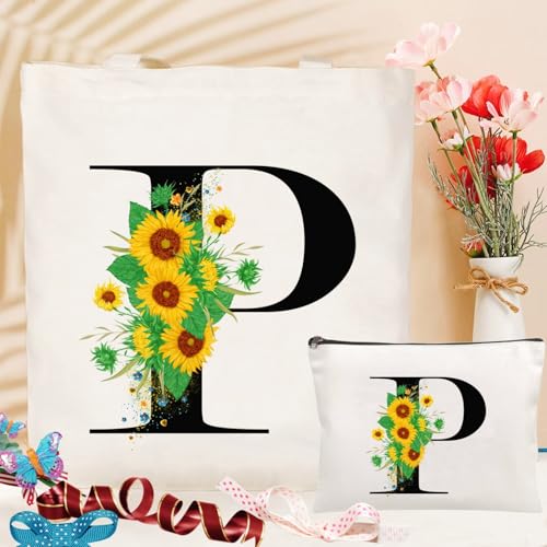 Andeiltech Initial Canvas Tote Bag Sunflower Letter Personalized Makeup Bag Monogrammed Gift for Bridesmaids Birthday Wedding - color: Sunflower Letter_p