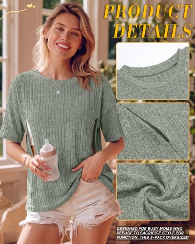 Ficerd 3 Pack Women Oversized Nursing Shirts - color: Denim Blue, Light Pink, Light Green, size: XX-Large