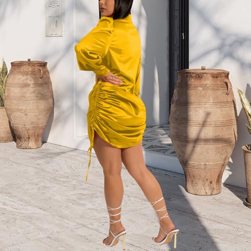 Women's Sexy Button Down Shirts Loose Collar Long Sleeve Ruched Silk Cloth Night Out Club Mini Wrap Dress Drawstring - color: Yellow, size: Medium