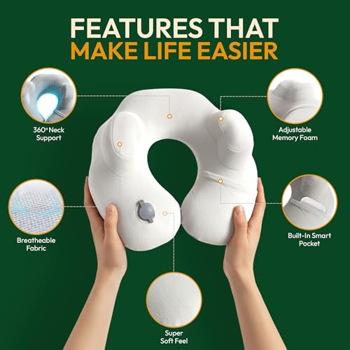 Inflatable Travel Neck Pillow with Adjustable Memory Foam Sides | Lightweight, Soft & Portable Support (Light Gray, Standard) - color: Light Gray