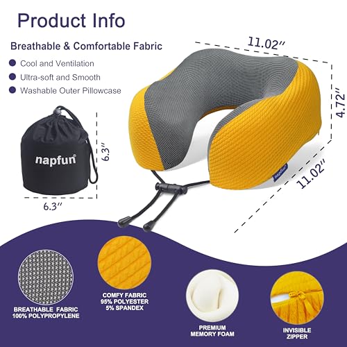 napfun Neck Pillow for Travel, Memory Foam Airplane Pillow, Yellow - color: Yellow