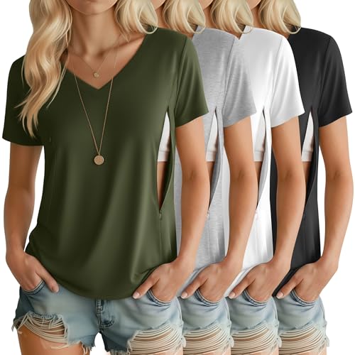 4 Pack Women's Nursing Maternity Shirts - color: Black, White, Light Gray, Army Green, size: XX-Large