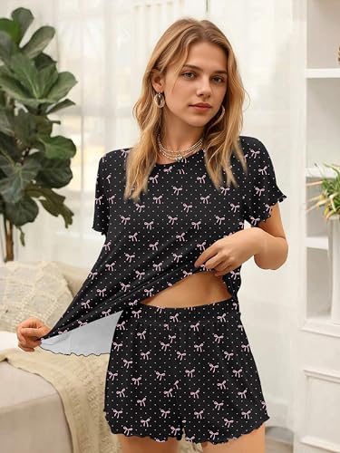 Ekouaer Womens Pajamas 2 Piece Ribbed Knit Pjs Short Sleeve Lounge Sets - color: Black Bow Tie, size: Small