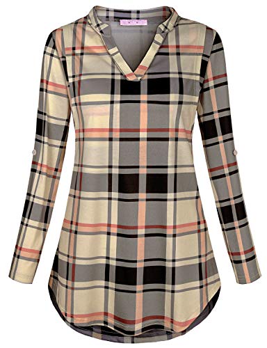 Joymom Maternity Rolled Long Sleeve Nursing Tops Tunic Blouses Breastfeeding - color: 1-1 Beige Plaid, size: X-Large