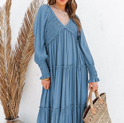 R.Vivimos Long Sleeve V Neck Flowy Maxi Dresses for Women - color: Blue, size: X-Large
