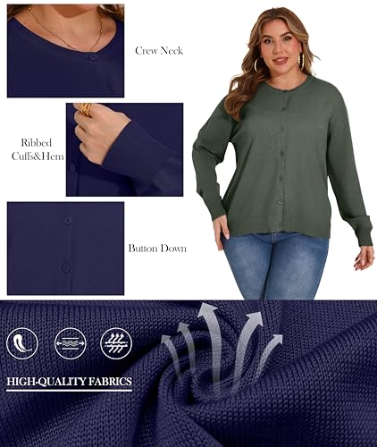 OLRIK Plus Size Long Sleeve Crewneck Cardigan Classic Fall Knit - color: Army Green, size: 3X