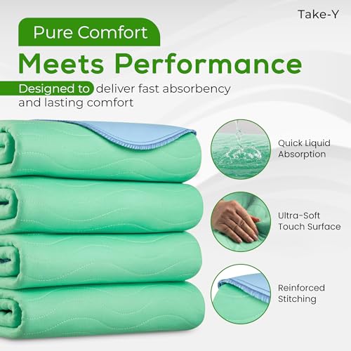 Take-Y Heavy Absorbency Washable Underpads 34"x36" (4 Pack) – Waterproof Quick Drying Reusable Incontinence Pads for Adults, Kids, Elderly, Pets, Dogs, Bedwetting, Nursing, Sofa, Bed