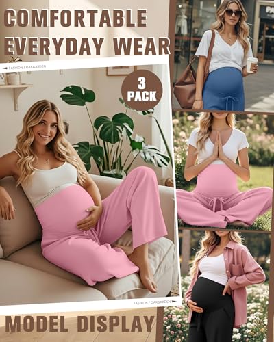 Oakgarden 3 Pack Women's Maternity Pants Over Belly - color: Black, Denim Blue, Pink, size: Large