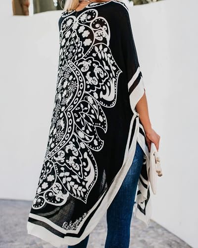 Women's Kimono Swimsuit Coverups Summer Beach Loose Cardigans for Swimwear - color: Black Boho, size: Small