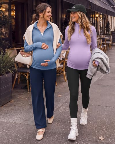 G4Free Lightbreeze Maternity Shirts Long Sleeve Quarter Zip Pregnancy Top - color: Dusty Blue, size: Medium