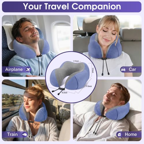 CloudBliss Travel Pillow for Airplanes, Memory Foam Neck Pillow Set, Blue - color: Blue