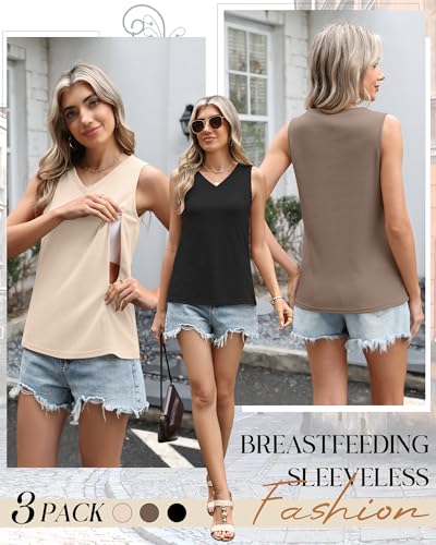 3 Pack Women's Waffle Nursing Tank Tops, Large, 3-Color