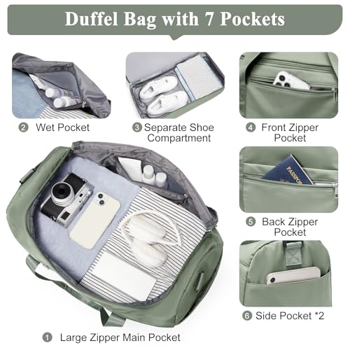 Small Travel Duffle Bag with Shoe Compartment, 35L Personal Item Bag - color: A-Green, size: Small