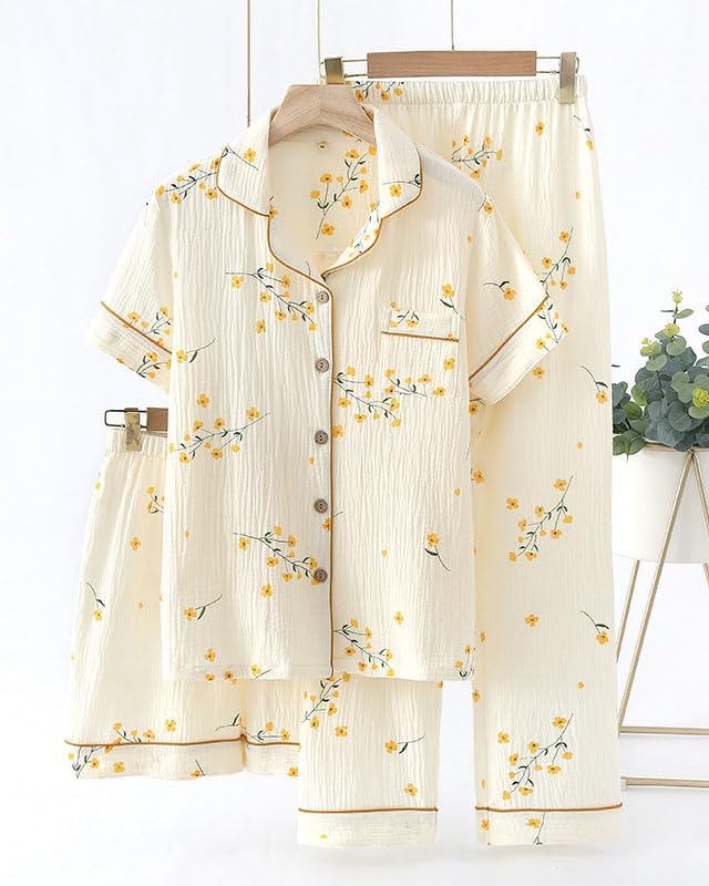 codcm Womens 3pcs Cotton Pajamas Set Short Sleeve Sleepwear Fruit Print Cute Pj Set with Long Pants - color: Flower, size: Medium