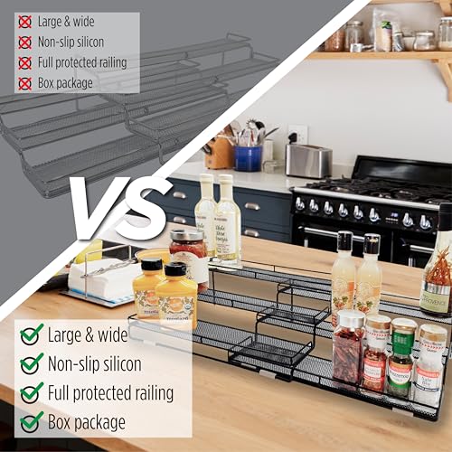 3 Tier Wide Expandable Cabinet Spice Rack Organizer (14.5" to 29.1") - Step Shelf with Protection Railing, Black - color: Large & Wide