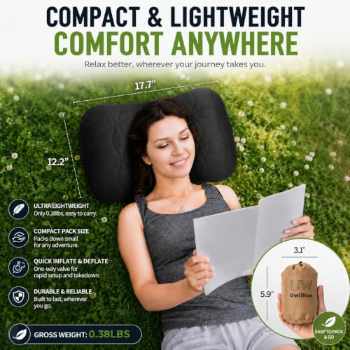 UWILLION Inflatable Camping Pillow with Removable Washable Cover, Black - color: Black