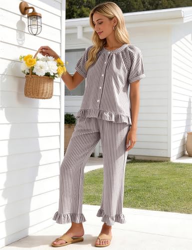 Flygo Womens Striped Pajama Sets Cotton 2 Piece Ruffle Lounge Pjs - color: Coffee, size: Large