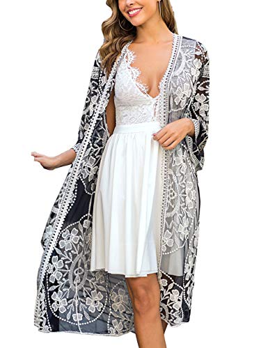 Women's Lace Cardigan Floral Crochet Sheer Beach Cover Ups Long Open Kimono - color: Black White