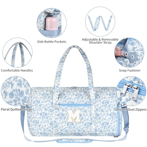 Personalized Quilted Duffle Bag for Travel Gym Weekender Hospital Carry On - color: Blue Flower, size: M