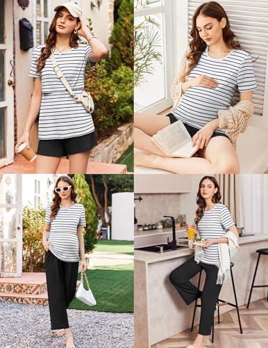 Ekouaer 3 Pack Postpartum Nursing Pajamas Breastfeeding Maternity Clothes - color: Black White Stripes, size: Medium