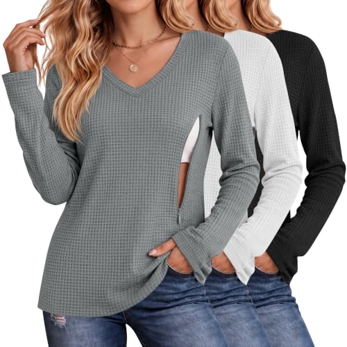 Huukeay 3 Pack Women's Long Sleeve Nursing Breastfeeding Shirts - color: Light Gray, White, Black, size: Small