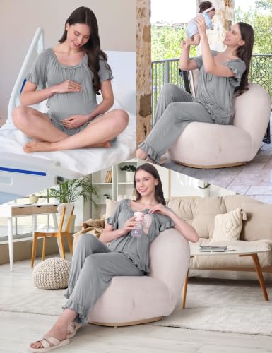SUNNYBUY 3 PCS Ruffle Nursing Pajamas Set with Bow, Maternity Sleepwear - color: Gray, size: Medium