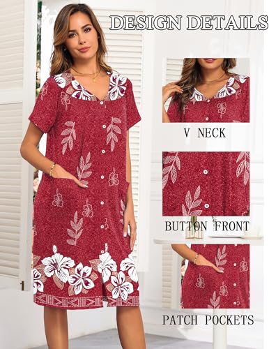 Ekouaer House Dress for Women with Pockets Button Down Nightgowns Moo Moos - color: Red Flower, size: Medium