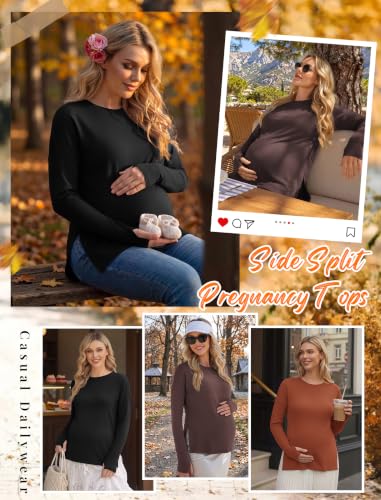 3 Pack Women Maternity Shirts Long Sleeve Pregnancy Tops with Thumb Hole - color: Black/Brown/Caramel, size: Small