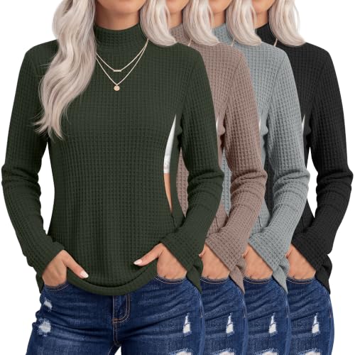 Huukeay 4 Pack Women's Long Sleeve Waffle Nursing Shirts - color: Army Green, Khaki, Light Gray, Black, size: X-Large