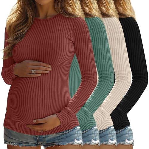 4 Pack Womens Ribbed Maternity Shirts Slim Fit Tops - color: Brick Red, Emerald Green, Apricot, Black, size: Large