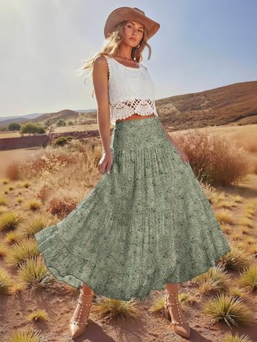 onlypuff Maxi Skirt Women Western Midi Chiffon Flowy Boho Fall Outfits - color: C-green Floral, size: X-Large