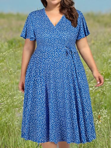 kissmay Plus Size Womens V Neck Floral Cocktail Party Midi Dresses - color: A-blue/White, size: 22 Plus