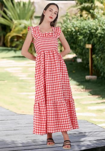 chouyatou Women's Retro Plaid Smocked Dress Spaghetti Strap Flounce Long Dress - color: Red, size: Medium
