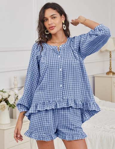 COZYPOIN Womens Gingham Pajama Set 2 Piece 100% Cotton Ruffle Lounge Set - color: Navy, size: X-Small