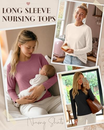 3 Pack Women's Nursing Tops Breastfeeding Shirts Fall - color: Apricot, Gray Pink, Black, size: Large